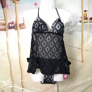 Hula Honey Women's Crochet Tie Back Tankini & Side Ties Black Bikini Set NWT Sm.
